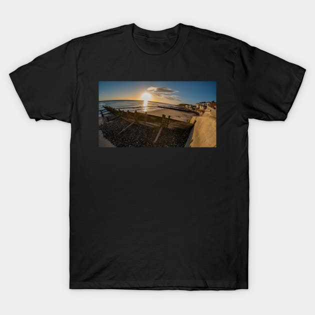 Fisheye view of wooden groynes on Cromer beach at sunrise T-Shirt by yackers1